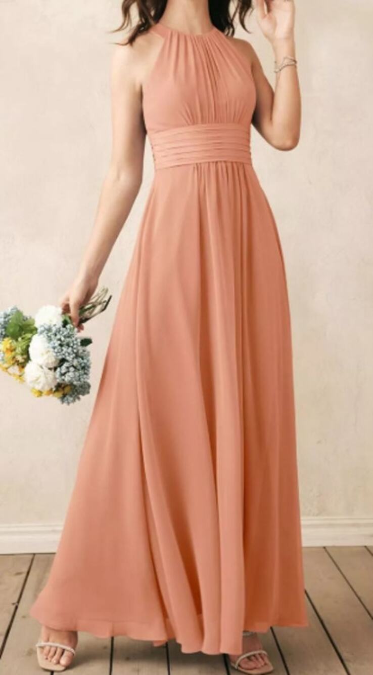 AW BRIDA 6 S peach pink chiffon Dorian tan bridesmaid formal maxi dress NEW 0B16